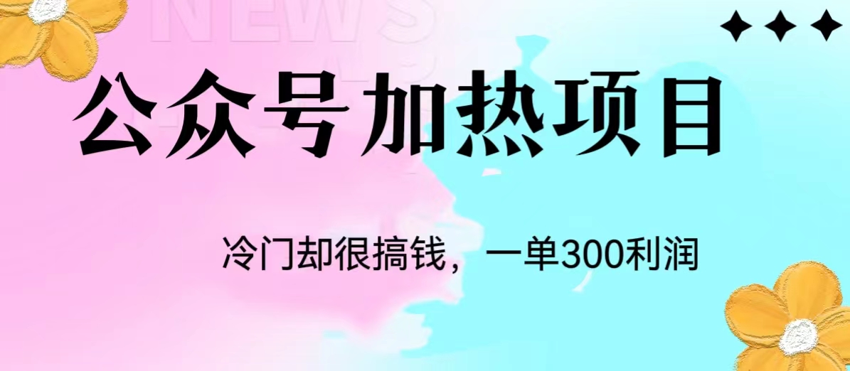 冷门公众号加热项目，每天1-2小时，一单100-300+网赚项目-副业赚钱-互联网创业-资源整合如逸网创